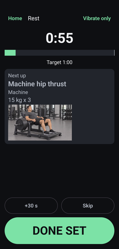 The rest screen: a countdown reading fifty-six seconds against a sixty second target, and a Next up card showing the following exercise and its suggested load.